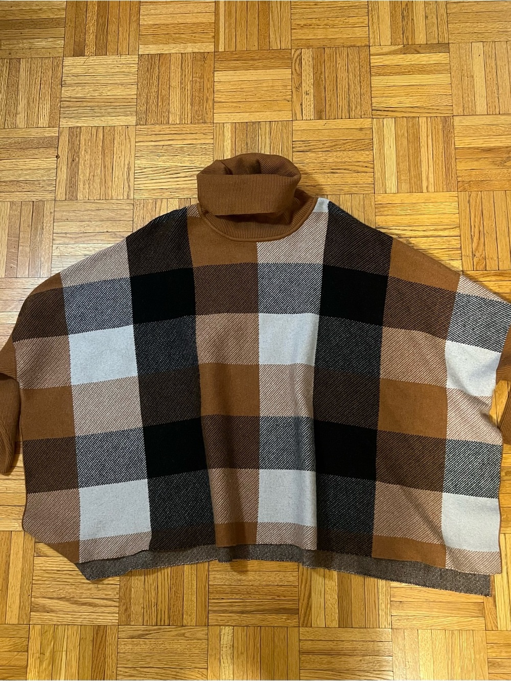 Preppy Chic Impressions Brown Black Cream Plaid Cowl Neck oversized Sweater Med